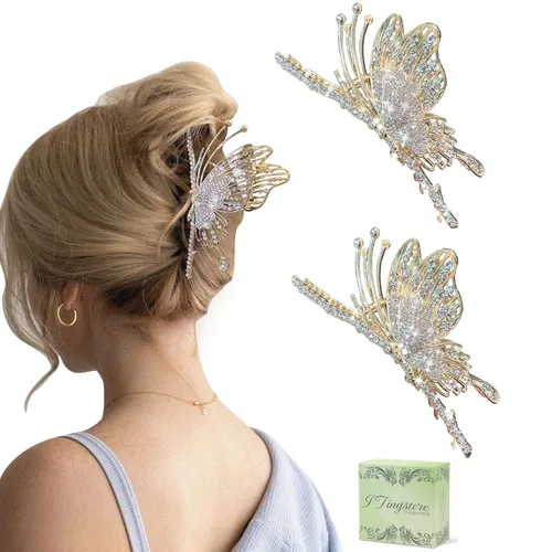 Vista 13 de Grandes pinzas de mandíbula de metal antideslizantes con mariposa brillante para mujeres - Agarre fuerte y bonito, accesorios para el cabello