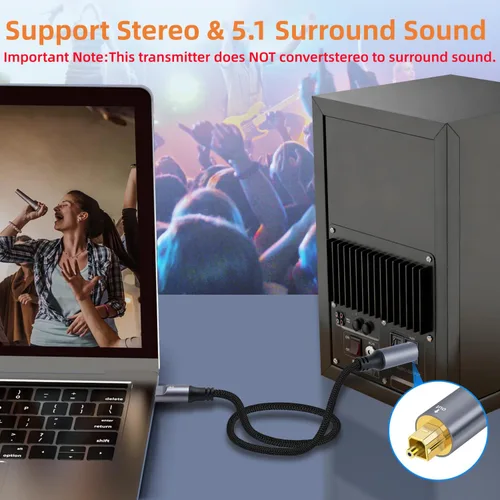 Vista 4 de Cable de audio óptico USB C a Toslink, puerto USB C unidireccional a SPDIF, cable de audio estéreo óptico digital macho para smartphone, tableta