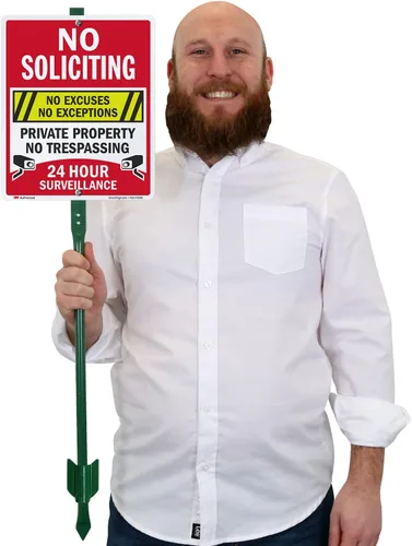Vista 3 de SmartSign Cartel de 12 x 10 pulgadas "No Soliciting - No Excuses, No Exceptions, No Trespassing" para Patio con Estaca de 3 pies, Aluminio de 40