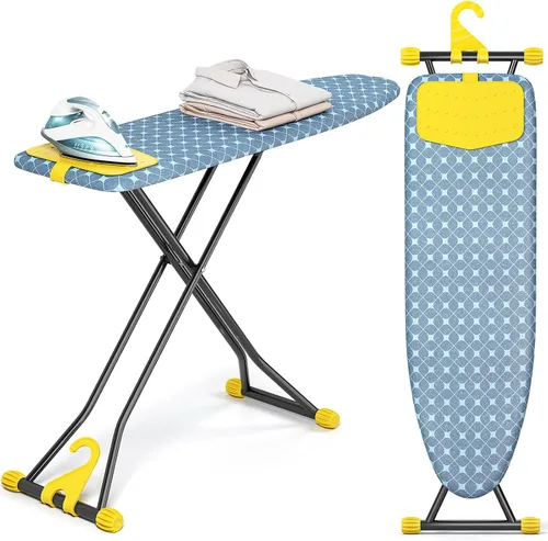 Vista 8 de KINGBOARD Tabla de planchar, tabla de planchar compacta con alfombrilla de silicona para plancha, cubierta resistente al calor, 7 alturas