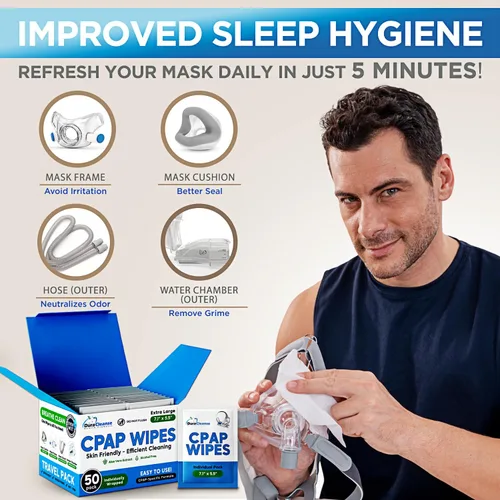 Vista 3 de Dura Cleanse Toallitas de limpieza extra grandes y extra húmedas para cara completa, máscaras nasales, 50 toallitas de viaje CPAP, limpiador sin