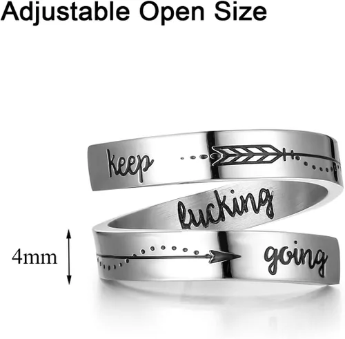 Vista 5 de ZRAY - Anillo de plata con inscripción en inglés "Keep Going", acero inoxidable, tamaño ajustable, regalo de apoyo para mujeres, adolescentes