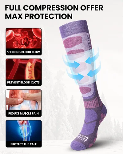 Vista 4 de OutdoorMaster Calcetines de esquí de lana merina, 23 pares sobre la pantorrilla, puños antideslizantes para hombres y mujeres, calcetines térmicos