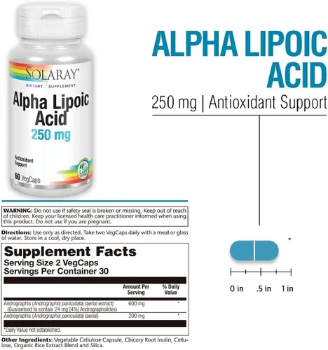 Vista 2 de SOLARAY Ácido alfa lipoico 250 mg - 60 cápsulas vegetales - Actividad antioxidante saludable y apoyo energético - Sin OMG y vegano