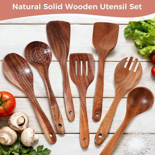Vista 8 de Cucharas de Madera para Cocinar - Juego de 7 Piezas de Utensilios de Cocina de Madera, Juego de Utensilios de Madera de Teca Natural Suave