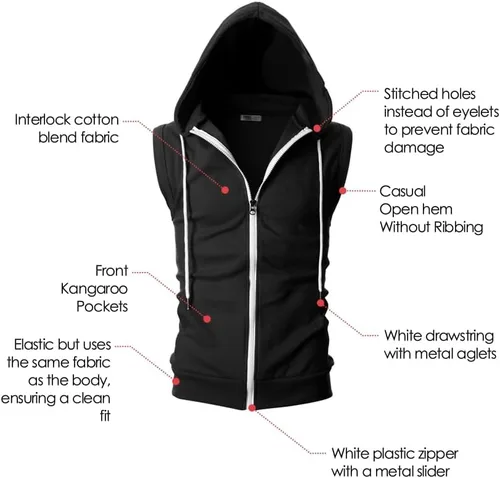 Vista 6 de Ohoo Sudadera con capucha para hombre, sin mangas, ligera, con cierre, estilo ajustado