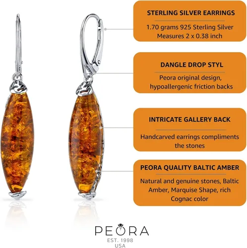 Vista 5 de Peora - Collar y pendientes con colgante de ámbar báltico en plata de ley, color coñac