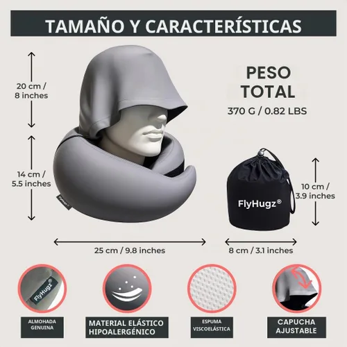 Vista 3 de FlyHugz® 2.0 Almohada de viaje con capucha, versión original 2026, gris.