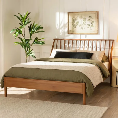 Vista 8 de Merax Cama Queen con plataforma de madera de bambú maciza con cabecera de 46.5 pulgadas de alto, marco de cama bohemio con listones de madera y Negro