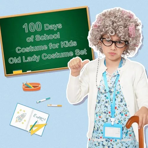 Vista 4 de JaosWish Disfraz de anciana para niños, disfraz de 100 días de escuela para niños, disfraz de abuela cosplay, peluca de abuelita