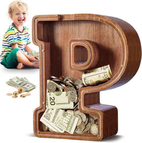 Vista 22 de SummiDate Alcancía de madera de letra para niños y niñas, Alfabeto, personalizada, regalo de cumpleaños y pascua para niños (A)