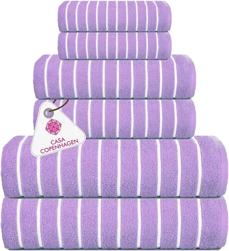 Vista 8 de CASA COPENHAGEN Bella - Juego de toallas de 6 piezas, color gris a rayas, 21.16 oz/m², 2 toallas de baño, 2 toallas de mano y 2 toallas pequeñas