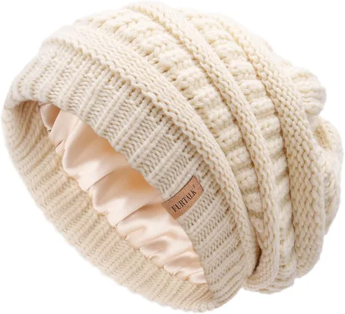 Vista 46 de FURTALK Gorro de invierno para mujer, con forro de satén, tejido trenzado, grueso, holgado, gorro cálido