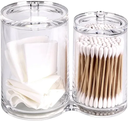 Vista 3 de Hipiwe - Bastoncillo de algodón acrílico transparente y soporte para bolas con 2 ranuras para Q-tip Estuche organizador redondo de algodón Q-tip
