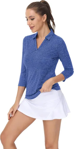 Vista 3 de TrendiMax Paquete de 2 camisetas polo de golf de manga 34 para mujer, cuello en V, absorbe la humedad, camisetas deportivas para entrenamiento
