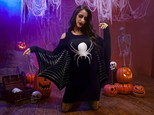 Vista 4 de Maisolly Vestido de disfraz de alas de murciélago de Halloween con hombros descubiertos para mujer