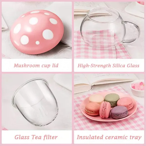 Vista 4 de Juego de Tazas de Té de Hongos, Lindas Tazas de Té de Vidrio y Platillos, Taza de Té Kawaii con Infusor para Colador de Té de Hojas Sueltas, Taza