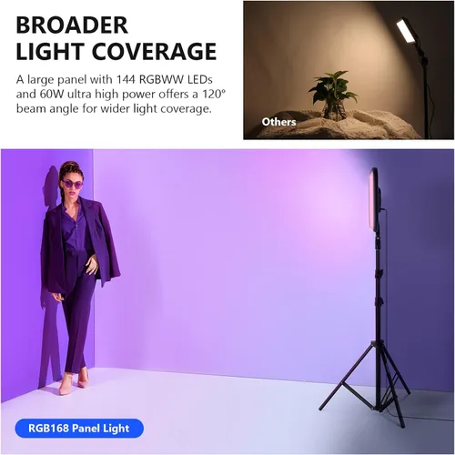 Vista 4 de NEEWER RGB168 Panel de Luz LED RGB de Video de 18.3" con Control de Aplicación, Kit de Soporte de Trípode de 2 Paquetes, 60W/360°