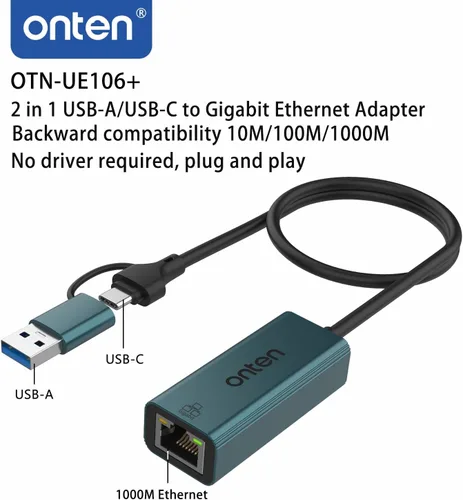 Vista 4 de Onten Adaptador USB-A y USB-C a Ethernet, RJ45 a USB C o USB A, adaptador de red LAN Gigabit Ethernet para Windows, Mac OS, iOS y más