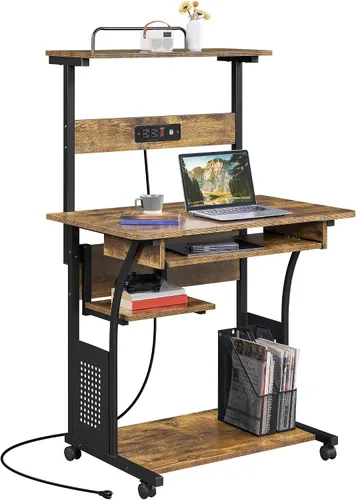 Vista 10 de Yaheetech - Escritorio pequeño con ruedas para computadora de 3 niveles, toma de corriente, color negro Engineered wood tiers and metal frame suit