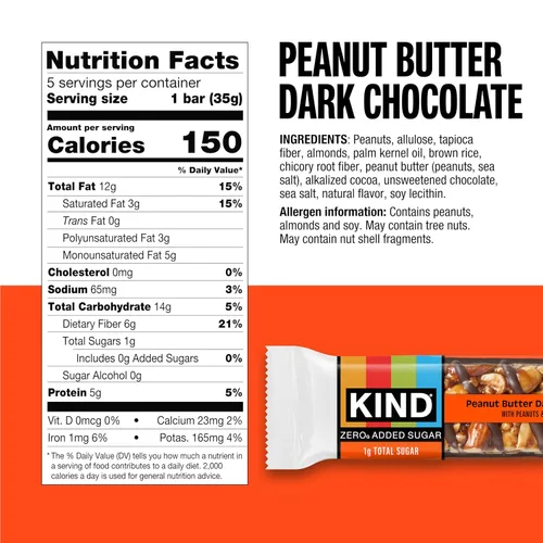 Vista 2 de KIND ZERO - Barras sin azúcar añadida, mantequilla de maní y chocolate oscuro, aperitivos aptos para ceto, libres de gluten, con 0.18 oz