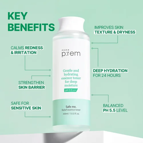 Vista 3 de Make P:REM Safe Me. Tónico Relief Essence, tónico facial hidratante rápido y profundo, todo tipo de piel, hidratante las 24 horas, EVE vegano