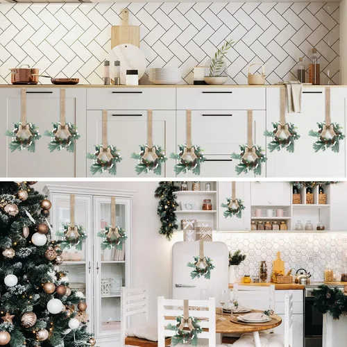 Vista 3 de Lyrow 8 piezas 20 cm Mini coronas de Navidad para gabinete de cocina con lazo de cinta, hojas artificiales, bayas, coronas colgantes para decoración
