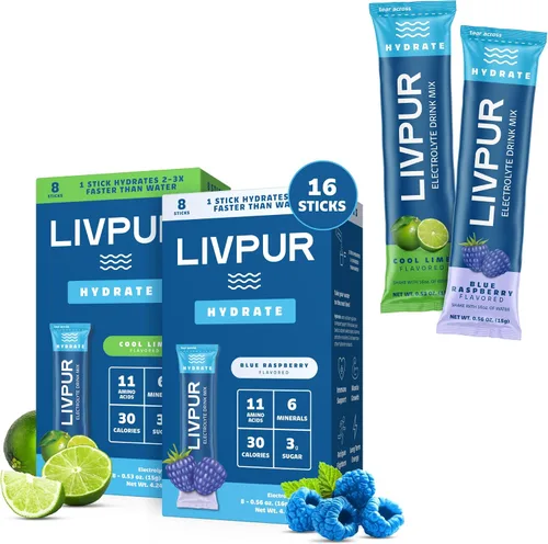 Vista 9 de LIVPUR Mezcla de Bebida con Electrolitos, Polvo de Hidratación Instantánea con Vitamina C, B6, B12 y Aminoácidos Esenciales para Apoyo Muscular