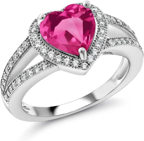 Vista 23 de Gem Stone King Anillo de halo de moissanita blanca y piedra natal de corazón de 0.315 in para mujer, plata de ley 925, joyería para aniversario