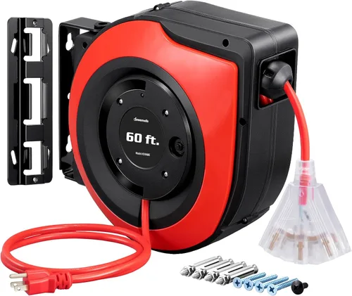 Vista 10 de DEWENWILS - Carrete de cable de extensión retráctil de 60 pies con 6 tomas de tierra, cable de alimentación resistente con tapón de bloqueo