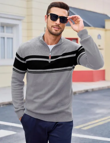 Vista 46 de MAGCOMSEN Suéteres de algodón con cremallera de 1/4 para hombre, suéter tipo polo, a rayas, para otoño e invierno, sudaderas cálidas