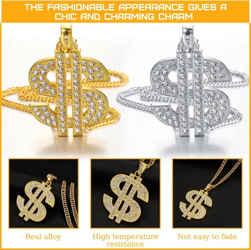 Vista 4 de Collar de cadena chapada en 4 piezas para hombre con colgante de signo de dólar, collar de dólar
