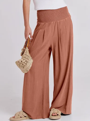 Vista 2 de Caracilia Pantalones palazzo de lino para mujer, estilo bohemio, pierna ancha, cintura alta, fruncidos, informales, con bolsillo