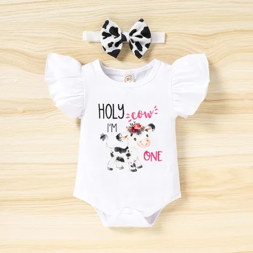Vista 15 de Conjunto de ropa para bebé niña de 1er cumpleaños con mangas con volantes + pantalones cortos estampados + diadema para tartas