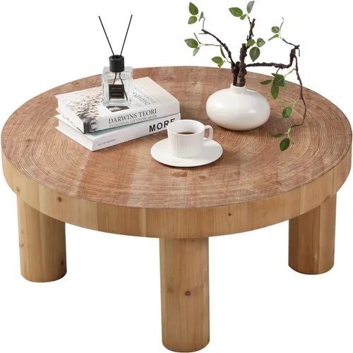 Vista 9 de RUSTOWN - Mesa auxiliar redonda de 2 piezas con patas gruesas de madera maciza Rustic Coffee Table Sets, Natural Circle Wooden Ring Finish
