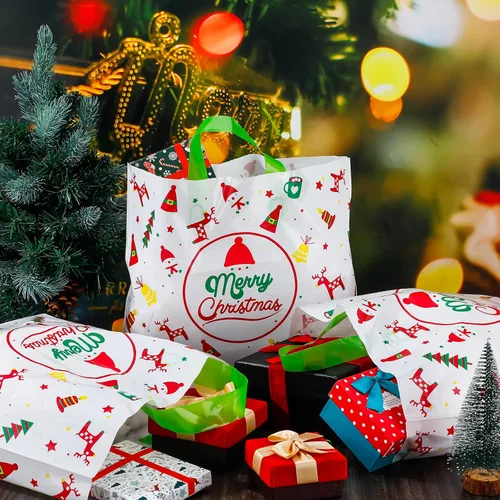 Vista 5 de Fulmoon 200 bolsas de regalo de Navidad extragrandes de plástico con asas, reutilizables, mercancía, compras, venta al por menor, bolsas