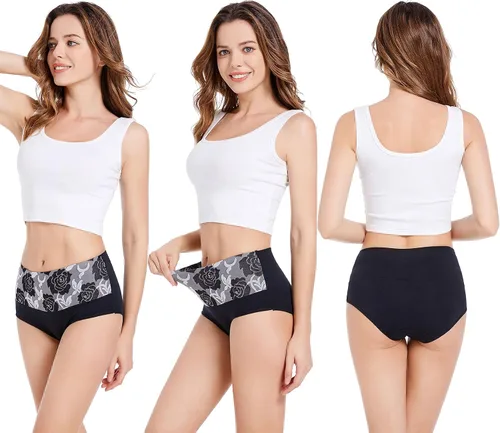 Vista 2 de HAVVIS Bragas Ropa Interior de Mujer de Algodón Cintura Alta Control Abdominal Panties Rosa Jacquard para Damas Multipack
