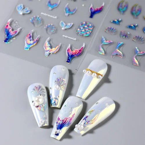 Vista 8 de Calcomanías de uñas de cola de sirena de ensueño 5D, calcomanías de uñas de verano 5D en relieve láser de sirena, calcomanías de arte de uñas de ola