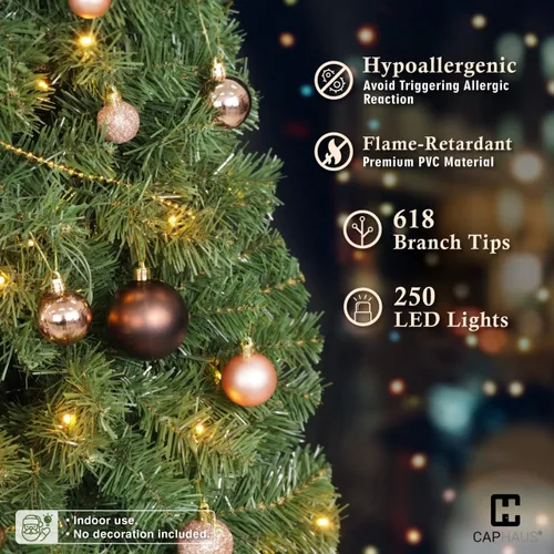 Vista 4 de Fencer Wire Árbol de Navidad Artificial Preiluminado Tipo Lápiz de 6 Pies con 250 Luces LED, Árbol de Navidad Delgado Premium con 618 Puntas