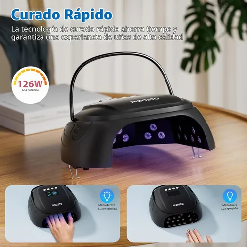 Vista 5 de Purtato Lámpara de uñas LED UV recargable inalámbrica de 126 W con gran espacio, mango y reposapiés, secador de uñas de gel de curado rápido con 4
