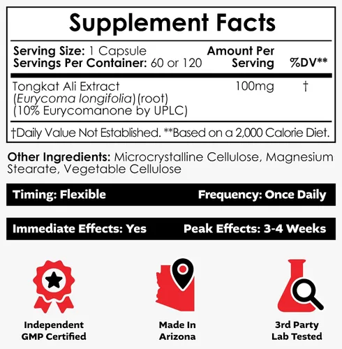 Vista 2 de Nootropics Depot Cápsulas de extracto de Tongkat Ali 100 mg 120 unidades 10% de eurycomanona por HPTLC Extracto de raíz de Eurycoma