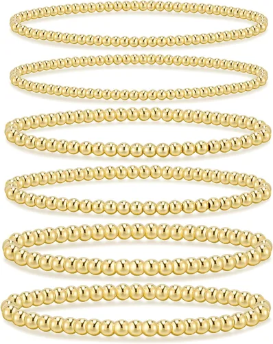 Vista 29 de adoyi - Pulseras de oro para mujer, impermeables, con cuentas de bolas chapadas en oro de 14K, pulseras ajustables apilables para regalos