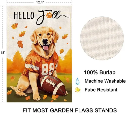 Vista 6 de Balgardekor Bandera de jardín de fútbol de otoño Golden Retriever para exteriores, bandera de arpillera de bienvenida para exteriores, decoración