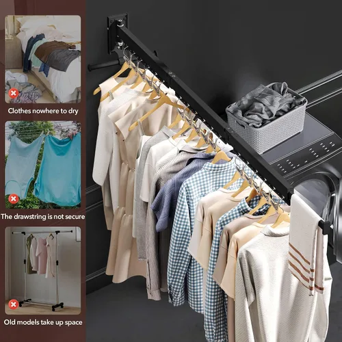 Vista 4 de ZdwCyl Percha de ropa montada en la pared, estante de secado de ropa de aluminio, ahorro de espacio, retráctil, agujeros a prueba de viento