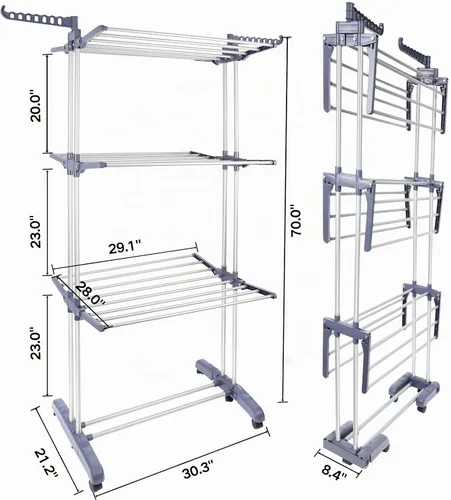 Vista 5 de Estante de secado de ropa resistente, estante de secado de ropa plegable de 4 niveles de 70 pulgadas de alto, estante de secado independiente