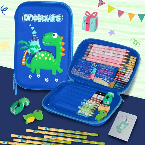Vista 7 de homicozy Estuche para lápices para niños, bonito juego de papelería de dinosaurio para niños, organizador de lápices escolar de EVA 3D
