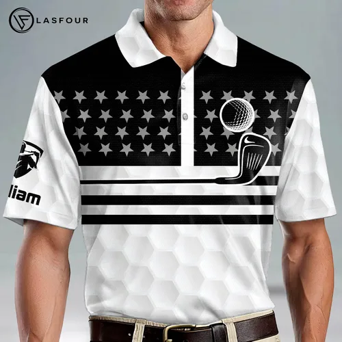 Vista 4 de LASFOUR Camisas de golf divertidas personalizadas para hombres camisas de golf locas para hombres camisas de golf con bandera de Estados Unidos