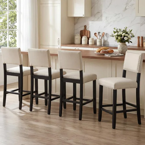 Vista 4 de LSSBOUGHT Taburete de bar tapizado de tela de lino con patas de madera de goma, silla de bar con ribete clavado para isla de cocina
