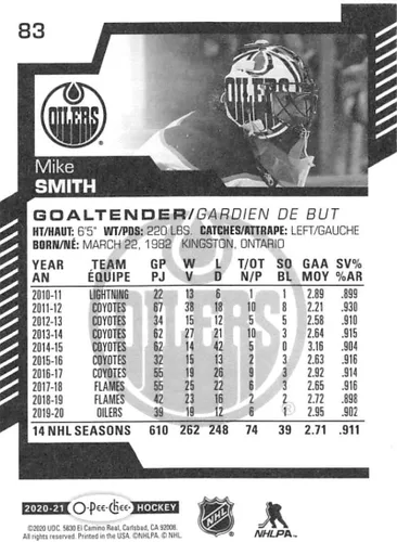 Vista 2 de 2020-21 O-Pee-Chee #83 Mike Smith Edmonton Oilers Hockey Card