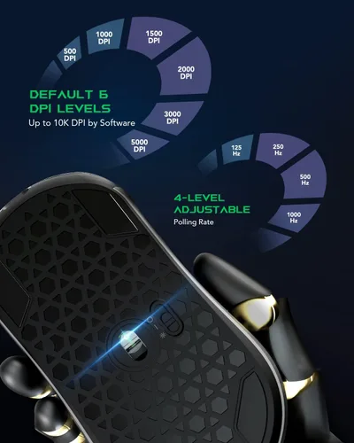 Vista 3 de Black Shark Mouse inalámbrico para juegos, mouse de computadora con cable de doble modo con 10000 DPI, panal reemplazablecarcasa sólida, 6 botones